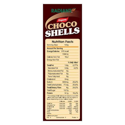 Radiant Organic Choco Shells  Nutrition