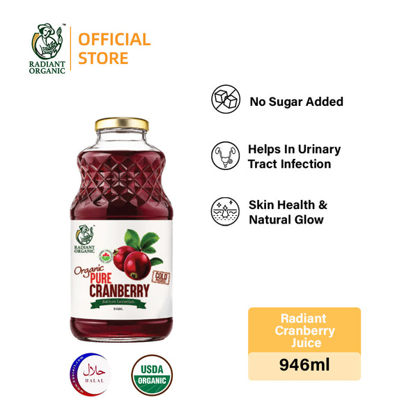 Radiant 100% Organic Cranberry Juice 946ml – Good for UTI & Urinary Health, Jus Cranberi Organik