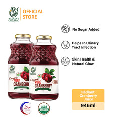 [Twin Pack] Radiant 100% Organic Cranberry Juice 946ml – Good for UTI & Urinary Health, Jus Cranberi