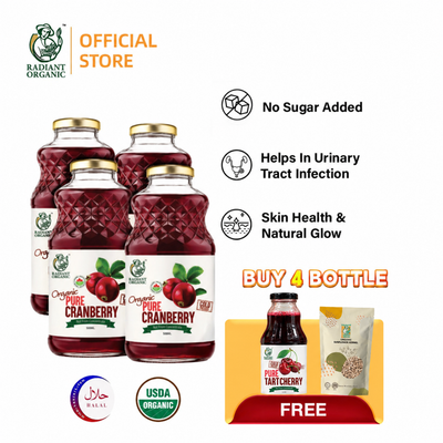 [Bundle of 4]Radiant 100% Organic Cranberry Juice 946ml – Good for UTI & Urinary Health, Jus Cranberi Organik