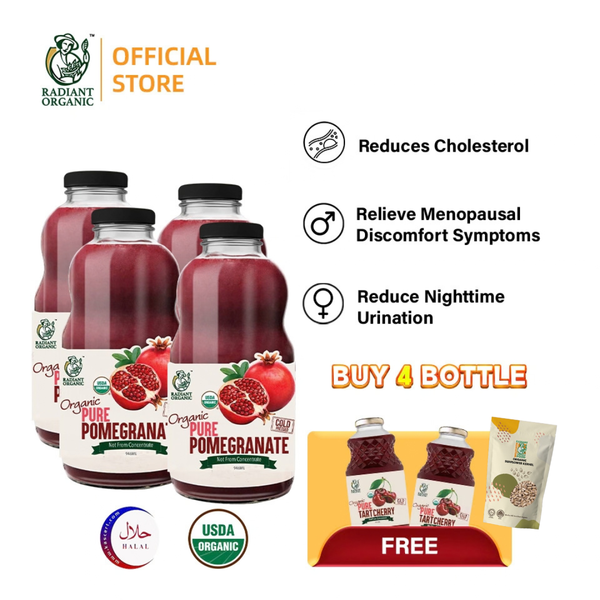 [Bundle of 4] Radiant 100% Organic Pomegranate Juice 石榴汁 –Cholesterol, Heart & Skin Support, Jus Delima Organik