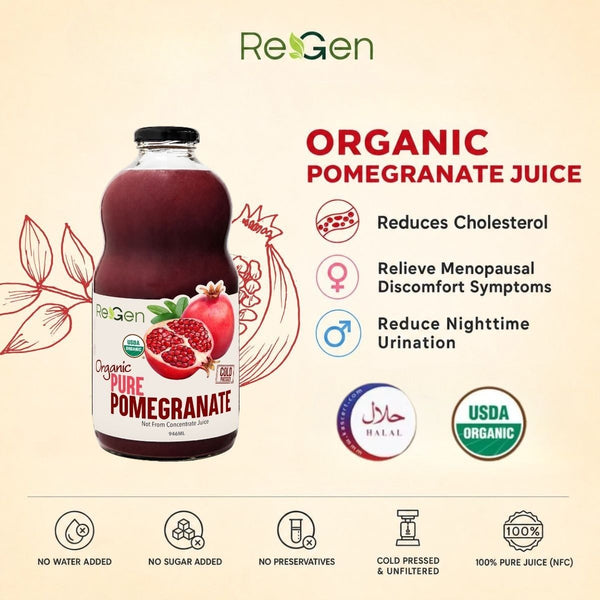 [Bundle of 4]REGEN 100% Organic Pomegranate Juice 石榴汁 –Cholesterol, Heart & Skin Support, Jus Delima Organik