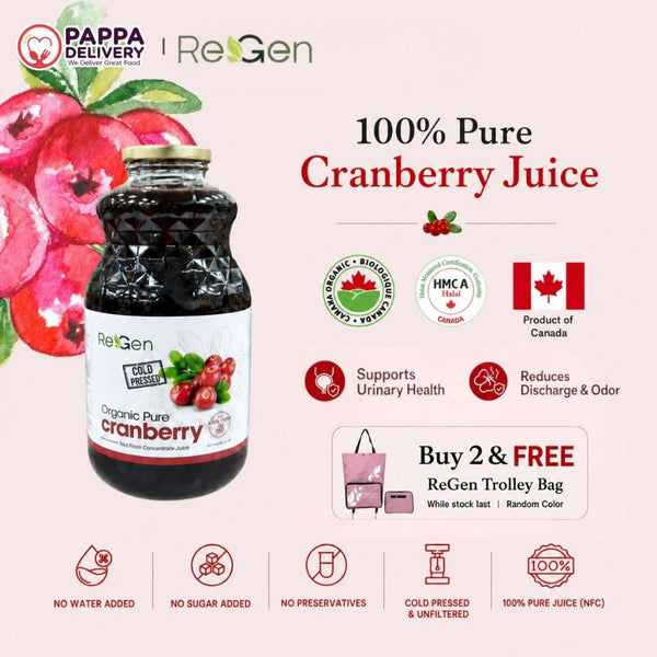 [HALAL] REGEN 100% Organic Cranberry Juice 946ml – Good for UTI & Urinary Health, Jus Cranberi Organik