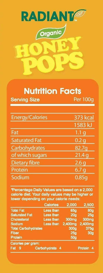 Radiant Organic Honey Pops Nutrition Facts